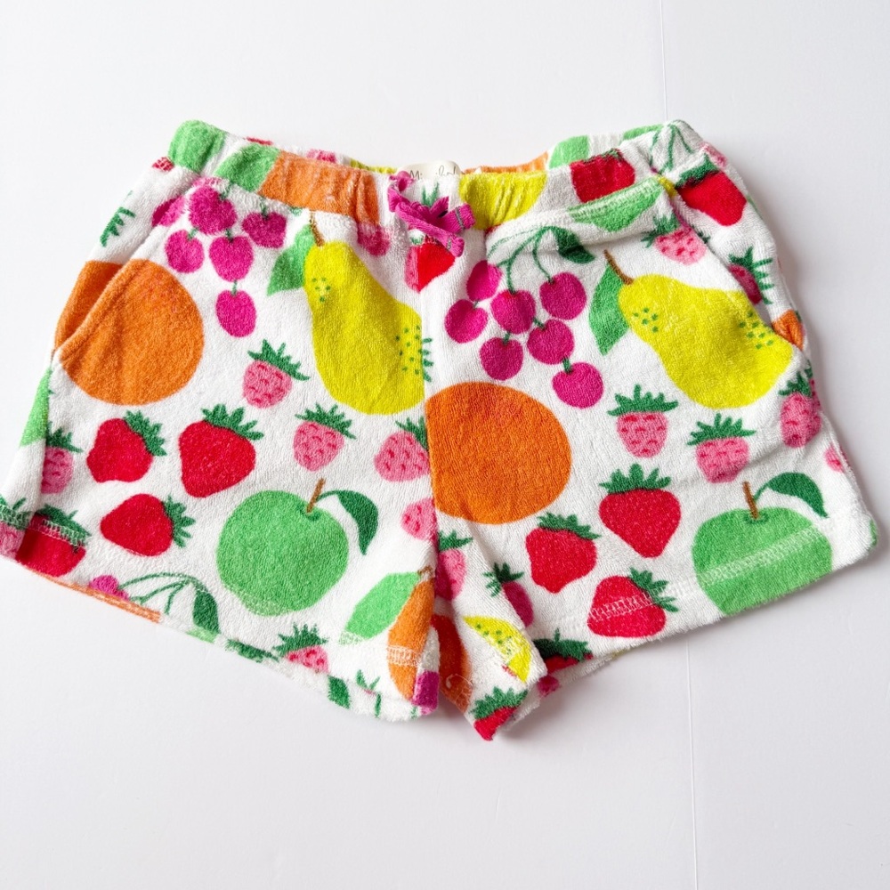 Mini Boden Fruit-Print Terry Cloth Towelling Shorts in White Green Pink 7Y